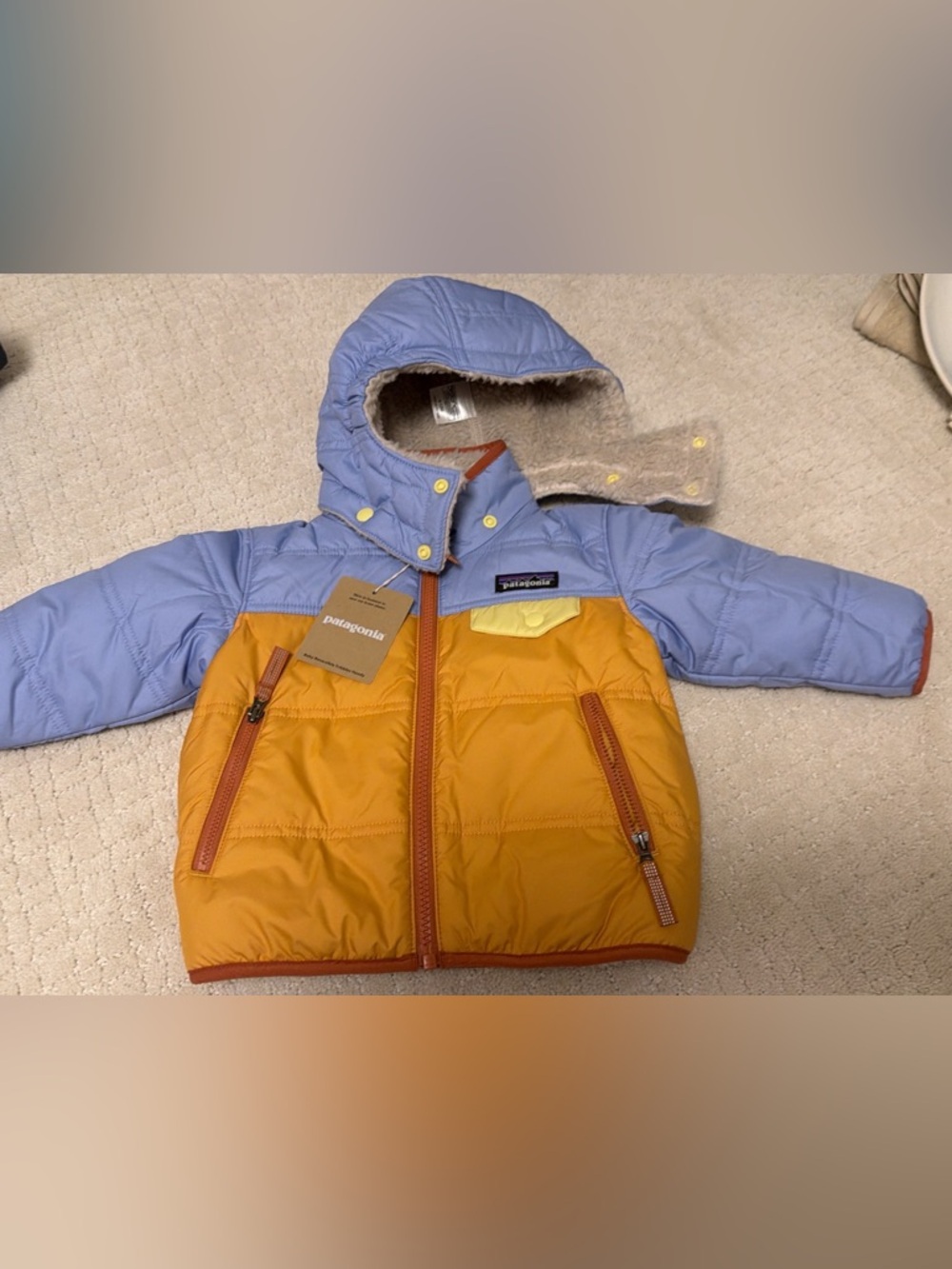 Patagonia Kids Two-Tone Hooded Puffer Jacket - Lavender & Mustard
